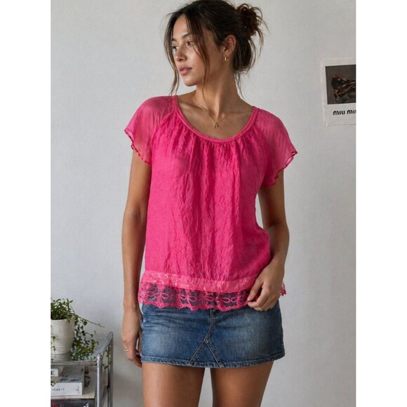 Unbranded Tops - M For Bolide Italian Silk Blouse Pink Made in Italy Women S Sheer Lace Hem Top